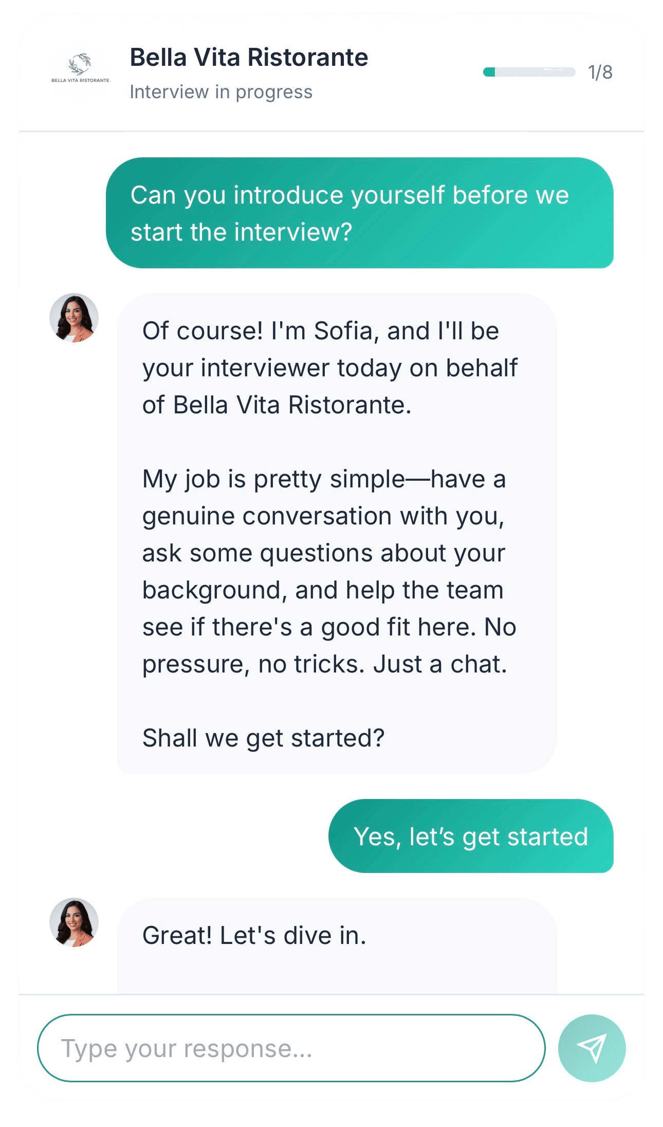 Sofia introducing herself in chat